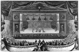 Třetí den: Le Malade imaginaire (Molière), komedie reprezentovaná v zahradě Versailles před jeskyní v roce 1676, rytina Pierra Lepautra (1660-1744)