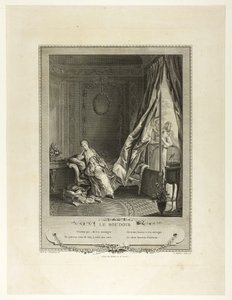 Budoár, z knihy Monument du Costume Physique et Moral de la fin du Dix-huitième siècle od Pierre Maleuvre