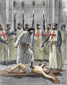 Kacířství templářů: znázornění obřadu vstupu rytíře do chrámového řádu, templář je podle doznání zveřejněných po jejich zatčení a soudu v roce 1307 nucen zapřít Krista a pošlapat kříž během