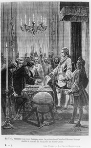 V roce 1747, jak se říká Společníkům, uchazeč Charles-Edward Stuart (1720-1788) založil v Arrasu kapitulu Růžového kříže, ilustrace z 