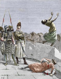 Ismailská sekta z východu nebo vrazi, které založil Hassan ibn al-Sabbah (1036-1124), známý jako starý muž z Hory, který nařídil dvěma svým fanatickým stoupencům, aby se zabili, Alamut, Persie, kolem roku 1096“ (Nizari Ismailismus: reprezentace Hassana