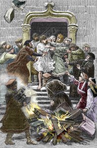 Socinianismus a Malá polská církev: Obyvatelé Krakova pálí díla Fausta Socina (Faust Socin nebo Fausto Sozzini) (1539-1604) na veřejném náměstí, čímž ho zavazují k účasti na autodafe v roce 1598 (Socinianismus a polští bratři: pálení