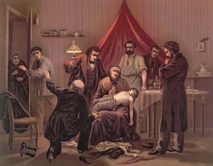 Památka z 2. prosince: "Dítě bylo střeleno dvakrát do hlavy", ilustrace k básni "Souvenir de la nuit du 4 Decembre" z knihy "Les Chatiments" od Victora Huga, Paříž, 1882 (barevná litografie).