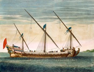 Třístěžník Galleass na cestě veslem, z Le Naptune Francois, kolem 1693-1700 (ručně kolorovaná rytina)