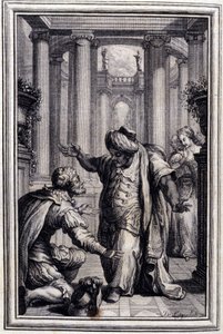 Malý pejsek, který hází penězi a kameny - v "" Příběhy a povídky ve verších"" od Jean La Fontaine. 1776. Ilustrace P. P. Choffard. od Pierre Philippe Choffard