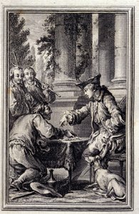 Příběh o rolníkovi, který urazil svého Pána – v „Příběhy a zprávy ve verších“ od Jeana La Fontaina. 1776. Ilustrace P.P. Choffard. od Pierre Philippe Choffard