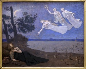 Le Reve (vidí ve spánku, jak se mu zjevuje láska, sláva a bohatství) (malba) od Pierre Puvis de Chavannes