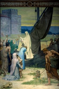 Sainte Genevieve zásobuje Pařížany obležené armádou Attily, krále Hunů. Freska od Pierra Puvise De Chavannes (1824-1898) Paříž 19. století. Panteon od Pierre Puvis de Chavannes