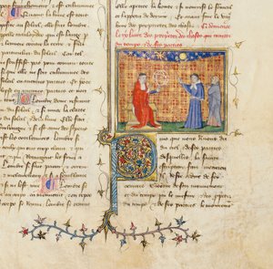 Detail stránky z "De Proprietatibus Rerum" od Bartholomea Anglicuse, ve francouzském překladu Jean Corbechon, c.1390