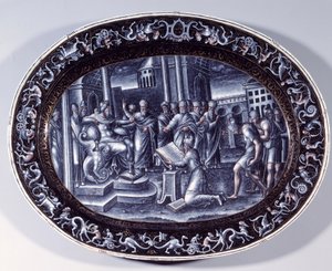 Saphan klečící čte e-mail Josias the Livres de la Loi Plat se zlatým vylepšením od Pierra Reymonda (aktivního mezi lety 1537 a 1584) 1578 Paříž, Musee du Louvre