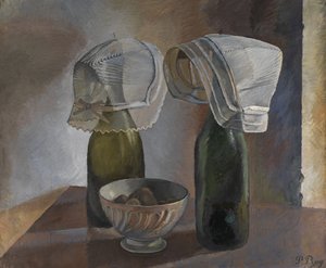 Zátiší s lahvemi a bretaňskými čepicemi, kolem roku 1924 (olej na plátně)