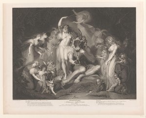 Titania a Bottom obklopené postavami shakspeare. Sen noci svatojánské (název na objektu) od Pierre Simon (II)
