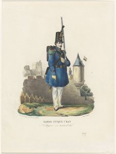 Belgische burgerwacht op wacht, 1830 Občanská garda 1r Ban / Voltigeur v letních šatech (název na objektu) od Pierre Simonau