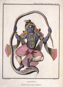 Krišna tančí na hadovi Kaliya, z „Voyage aux Indes et a la Chine“ od Pierra Sonnerata, vyryto Poissonem, vydáno 1782