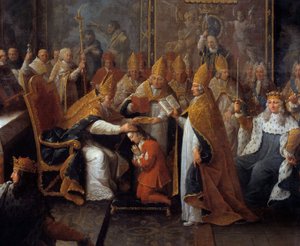 Korunovace Ludvíka XV Král Ludvík XV (1710-1774) byla korunována a posvátná 25. 10. 1722 v katedrále v Remeši Archeveque of Remeš za přítomnosti regenta, vévody z Orleansu (1674-1723) a velký dav. Detail malby od Pierra Sub
