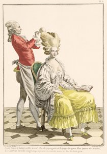 Mladá žena v peignoiru s kadeřníkem, deska 31 z "Galerie des Modes et Costumes Francais", vyryl Dupin, 1778 od Pierre Thomas Le Clerc