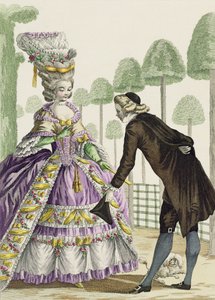 Dáma v šeříkových šatech Promenády v zahradách královského paláce, deska 13 z „Galerie des Modes et Costumes Francais“, vyryla Etienne Claude Voysard (1746-1812) 1778 od Pierre Thomas Le Clerc