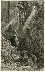 Indiáni Suno, z břehů řeky Napo (Amazon), loví sarbacanem. Rytina od Vignal, pro ilustraci příběhu „Amazon a Cordilleres““