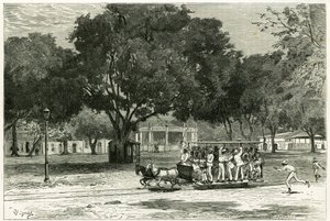 Tramvaj, střelba koňmi, v přístavu Para (Brazílie), na largo Nazaret. Rytina od Vignal, pro ilustraci příběhu „Amazon a Cordilleres““