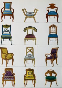 Křesla, židle a podnožky, ilustrace ze Collection de meubles et objects de gout (sbírka nábytku a předmětů vkusu)