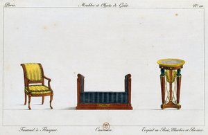 Přírubové křeslo, křeslo a trojnožkový stolek, deska 211, ilustrace z kolekce Collection de meubles et objects de gout (sbírka nábytku a předmětů vkusu)