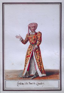 Dámská módní deska zobrazující kostým doby Karla VII. (1403-1461), od Pierre Antoine Leboux de La Mesangere (1761-1831), akvarel