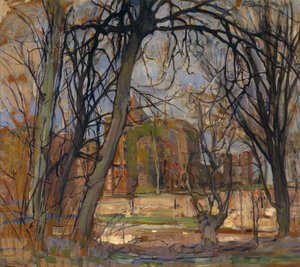 Jarní slunce (Lentezon): Zřícenina hradu: Brederode, kolem 1909-10 (olej na masonitu) od Piet Mondrian