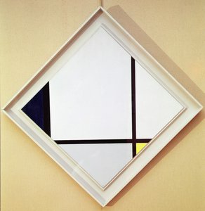 Tableau No I: Pastilka se třemi řádky a modrou, šedou a žlutou od Piet Mondrian