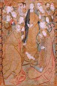 Vlámský gobelín. Série Triumphs of the Mother nebo Paños de Oro. Narození Krista (Nacimiento de Cristo). Třetí tapisérie v sérii. Model Colin de Cooter (?). Výroba Pieter van Aelst (nebo van Edingen), Brusel. Cca 1500-1502. Tkanina Zlatá, stříbrná, sil