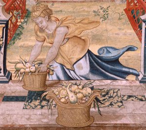 Vlámský gobelín. Série Vertumnus a Pomona. Vertumnus se proměnil ve farmáře. Ve střední části spodního okraje vidíme epizodu o láskách Jupitera: Danaë. Druhá tapisérie v sérii. Modelový kruh Pietera Coeckeho van Aelsta. Výroba Wil