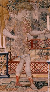 Vlámský gobelín. Série Vertumnus a Pomona. Vertumnus se proměnil ve farmáře. Druhá tapisérie v sérii. Levá část transformace Daphne. Modelový kruh Pietera Coeckeho van Aelsta. Výroba Wilhelm Pannemaker, Brusel. Přibližně 1545-1550. Fabri