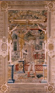 Vlámský gobelín. Série Vertumnus a Pomona. Vertumnus proměněný ve farmáře. Druhá tapisérie v sérii. Levá část transformace Daphne. Modelový kruh Pietera Coecke van Aelsta. Výroba Wilhelm Pannemaker, Brusel. Přibližně 1545-1550. Fabri
