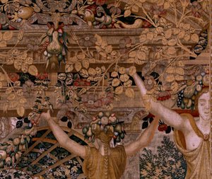 Vlámský gobelín. Série Vertumnus a Pomona. Vertumnus proměněný ve farmáře. Druhá tapisérie v sérii. Pravá část proměna nymfy Myrrha. Modelový kruh Pietera Coecke van Aelsta. Výroba Wilhelm Pannemaker, Brusel. cca 1545-