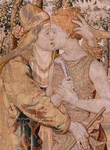 Vlámský gobelín. Série Vertumnus a Pomona. Vertumnus políbí Pomonu. Sedmá tapisérie v sérii. Modelový kruh Pietera Coeckeho van Aelsta. Výroba Wilhelm Pannemaker, Brusel. Přibližně 1545-1550. Tkanina Zlato, stříbro, hedvábí a vlna. Rozměr 430 x 365 cm.