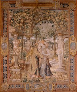 Vlámský gobelín. Série Vertumnus a Pomona. Vertumnus políbí Pomonu. Sedmá tapisérie v sérii. Modelový kruh Pietera Coecke van Aelsta. Výroba Wilhelm Pannemaker, Brusel. Přibližně 1545-1550. Tkanina Zlato, stříbro, hedvábí a vlna. Rozměr 430 x 365 cm.