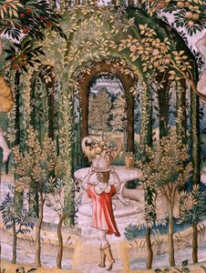 Vlámský gobelín. řada Vertumnus a Pomona; Vertumnus proměněný v zahradníka (Vertumno transformado en jardinero). Pátá tapisérie v sérii. Modelový kruh Pietera Coecke Van Aelsta a Léonarda Thiryho. Výroba Neznámá dílna, Brusel, dříve