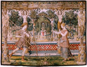 Vlámský gobelín. řada Vertumnus a Pomona; Vertumnus proměněný v zahradníka (Vertumno transformado en jardinero). Pátá tapisérie v sérii. Modelový kruh Pietera Coecke Van Aelsta a Léonarda Thiryho. Výroba Neznámá dílna, Brusel, dříve