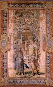 Vlámský gobelín. Série Vertumnus a Pomona. Vertumnus se proměnil ve válečníka. Čtvrtá tapisérie v sérii. Modelový kruh Pietera Coecke van Aelsta. Výroba Wilhelm Pannemaker, Brusel. Ca1545-1550. Tkanina Zlato, stříbro, hedvábí a vlna. Velikost 425
