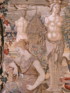 Vlámský gobelín. Série Vertumnus a Pomona. Vertumnus se proměnil ve starou ženu. Vertumnus se proměnil ve starou ženu. Šestá tapisérie v sérii. Modelový kruh Pietera Coecke van Aelsta. Výroba Wilhelm Pannemaker, Brusel. Přibližně 1545-1550.