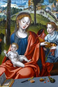 Marie, Ježíšek a anděl. Detail triptychu Svaté rodiny