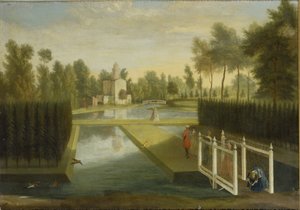 Pohled směrem k zadní části Bagnio z jihu horní řeky, Chiswick House (olej na plátně)
