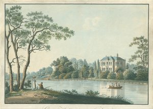 Pohled na dům Over Holland s čajovou kupolí na Vechtu v Nieuwersluis Over-Holland aan de Vecht (název na objektu)