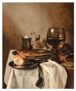 Role, sleď, stříbrná solnice, velký Roemer a nůž na závěsném stole, cca 1644 (olej na desce) od Pieter Claesz