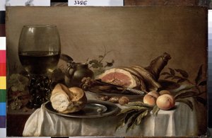 ""Zátiší snídaně se šunkou, chlebem, broskvemi a ořechy"" (Snídaně se šunkou) Obraz Pietera Claesze (cca 1597-1660) 1647 Rozměr. 40x61 cm Petrohrad, poustevnické muzeum od Pieter Claesz