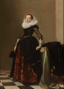 Portrét bohatě oblečené mladé ženy, kolem roku 1630 (olej na panelu)