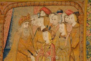 Vlámský gobelín. Zvěstování. Detail, cca 1502-04 (zlato, stříbro, hedvábí a vlna) od Pieter Coecke van Aelst