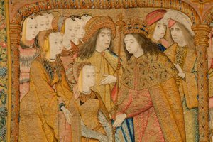 Vlámský gobelín. Zvěstování. Detail, cca 1502-04 (zlato, stříbro, hedvábí a vlna) od Pieter Coecke van Aelst