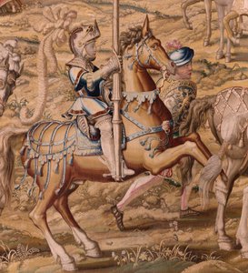 Vlámský gobelín. série Dobytí Tunisu; Recenze vojsk v Barceloně (La revista de las tropas en Barcelona). Druhá tapisérie v sérii. Model Jan Vermeyen a Pieter Coecke van Aelst. 1543-1548. Výroba Real Fábrica de Tapices de Sant od Pieter Coecke van Aelst