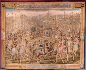 Vlámský gobelín. série Dobytí Tunisu; Recenze vojsk v Barceloně (La revista de las tropas en Barcelona). Druhá tapisérie v sérii. Model Jan Vermeyen a Pieter Coecke van Aelst. 1543-1548. Výroba Real Fábrica de Tapices de Sant od Pieter Coecke van Aelst