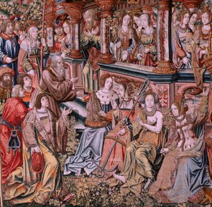 Vlámský gobelín. Seriál Vyznamenání. Ctnost (La Virtu, El Vicio). Osmý gobelín v sérii. Modelové karikaturisty z okruhu Bernarda van Orleyho a Jana Gossaerta (Mabuse). Výroba Pieter van Aelst, Brusel. Ca 1550. Tkanina Zlato, stříbro, hedvábí a od Pieter Coecke van Aelst